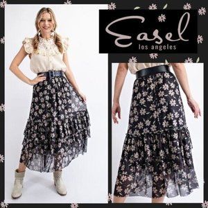 EASEL Flowy Mesh Midi Skirt W/Layered Tiers, Ruffled Trim & Lining